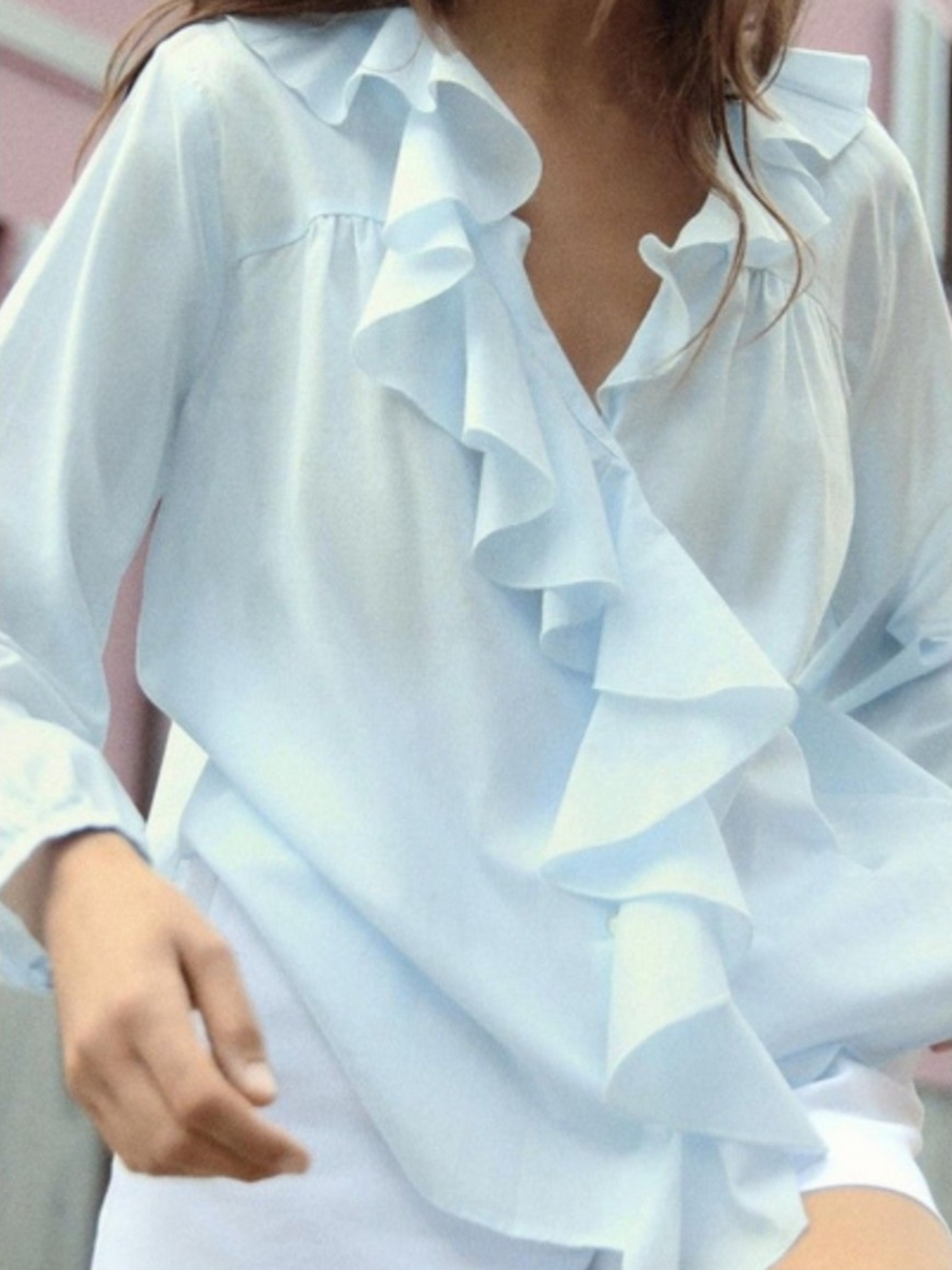 Zara Pale Blue Ruffle V-Neck Button Up Cotton Blouse NWT Medium